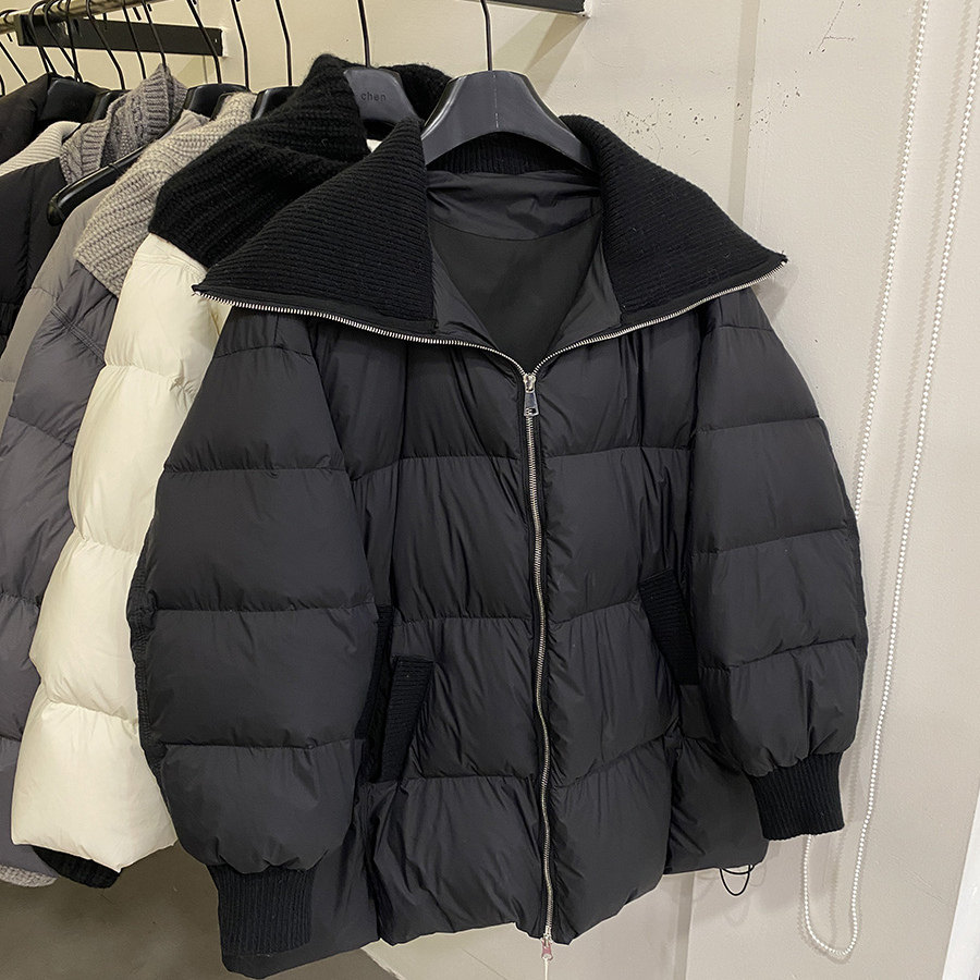 韩版中长款羽绒服女黑色针织拼接翻领宽松廓形保暖白鸭绒显瘦外套