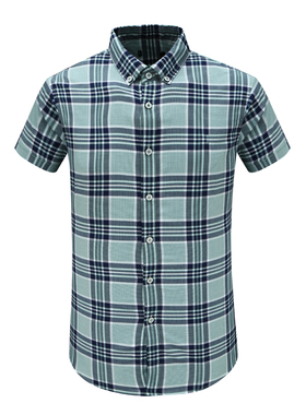 F3979鸟夏季男式短袖衬衫 亚麻百搭商务休闲上衣 绿色