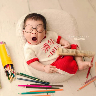 新生儿摄影服装儿童满月百天宝宝拍照衣北大清华针织衣服主题道具