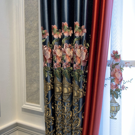 大西洋工厂新中式牡丹刺绣提花皇家丝布遮光窗帘布纱客厅卧室房间