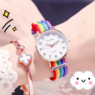 彩虹帆布带手表女学生韩版简约小清新考试用数字表盘初中生高中生