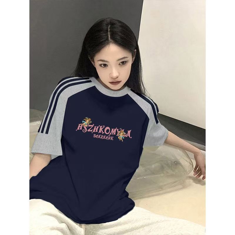 美式复古三条杠短袖t恤女夏季