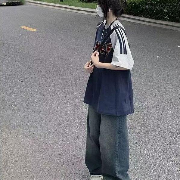 藏蓝色三条杠插肩t恤女2025新款