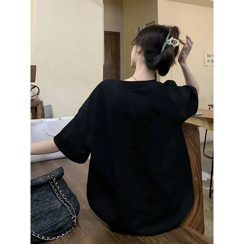 美式复古纯棉短袖t恤女夏季2025新款宽松慵懒风百搭中长款遮屁股