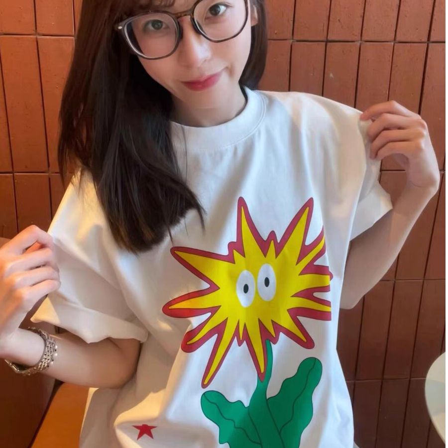 美式复古趣味太阳花印花短袖T恤