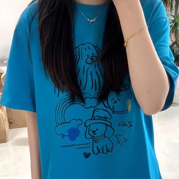 美式复古涂鸦狗狗印花短袖t恤女