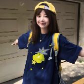 学院风卡通印花短袖 T恤女大童藏青色宽松纯棉上衣学生体恤圆领