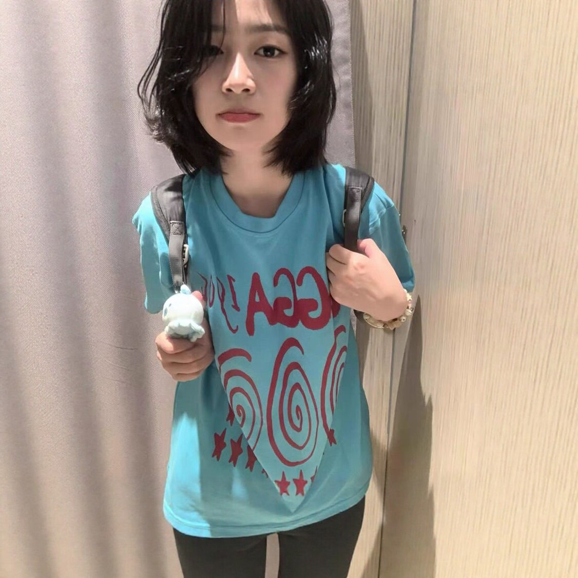 美式复古蓝色圆领短袖女夏季字母印花重磅t恤宽松休闲情侣上衣ins