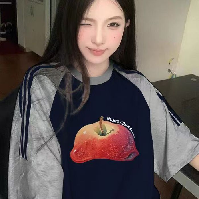 美式复古藏蓝色巨显白正肩大码短袖t恤男女夏季2025新款夏季半袖