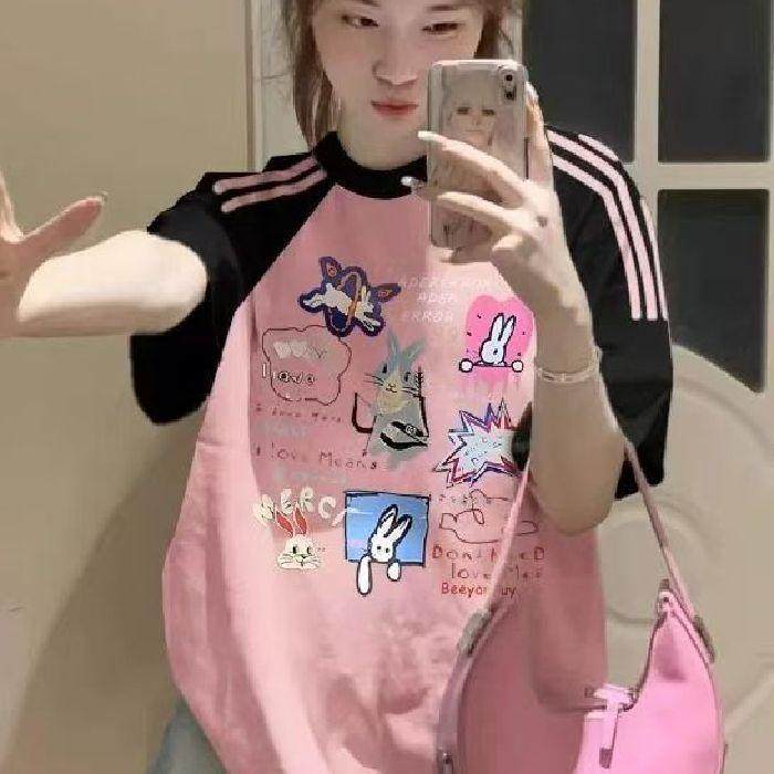 粉色拼接三条杠短袖T恤