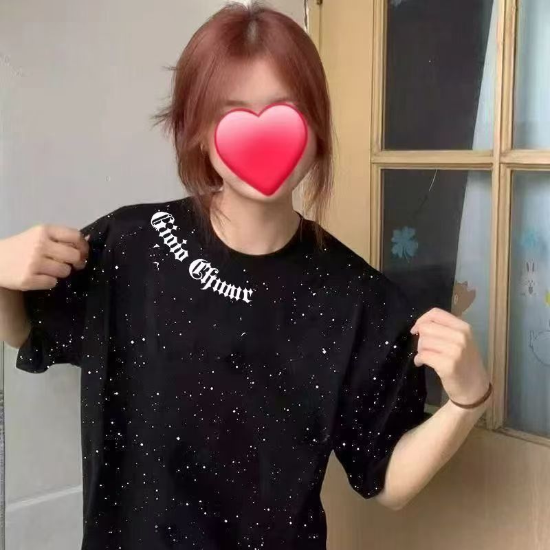 美式休闲黑亮片满天星短袖T恤