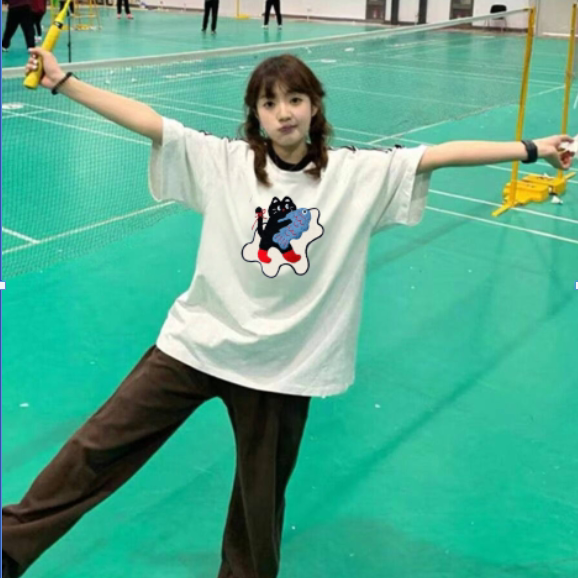 美式复古毛巾绣猫咪刺绣白色t恤