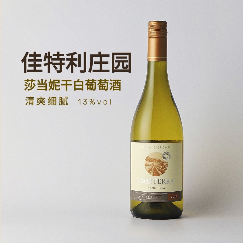 智利佳特利庄园莎当妮干白葡萄酒 霞多丽原瓶进口 清爽细腻 13度