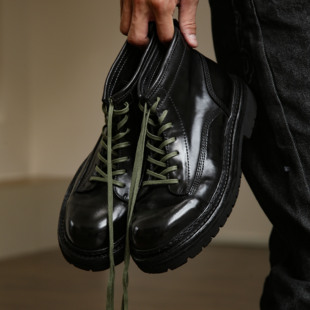 马臀皮固特异挪威缝复古英伦厚底马丁靴男高帮系带工装靴黑色男靴