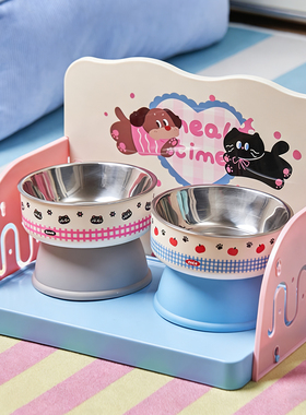 宠物餐盘猫咪防打翻餐桌狗狗不锈钢碗增高护颈猫碗喝水一体碗碗架