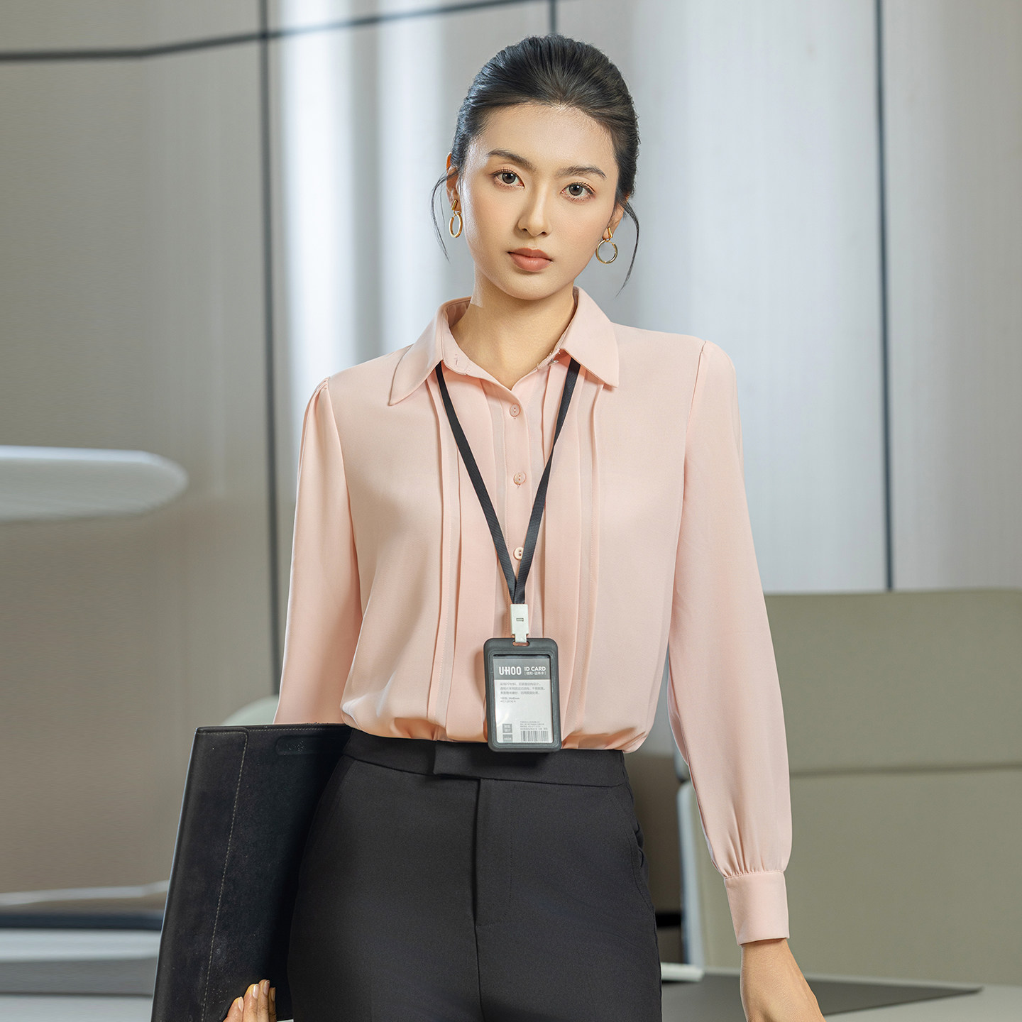 雪纺通勤粉色长袖衬衫女工作服