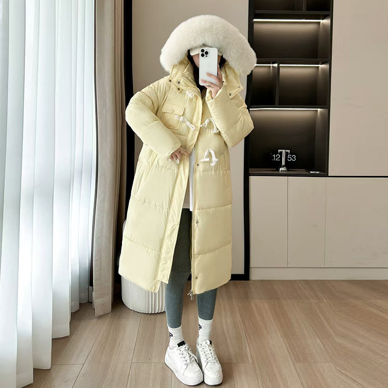 中长款棉衣棉服女宽松大码加厚棉服新款过膝大毛领连帽牛角扣棉袄