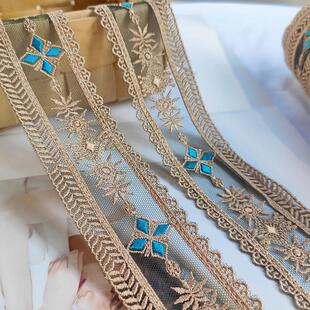 宽4.3cm墨绿色网纱底彩色蕾丝民族风刺绣小花边旗袍服装边边辅料