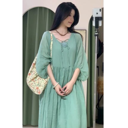 氧金鱼自制'芸纱漫'温柔复古质朴中袖苎麻宽松连衣裙女中长透气夏