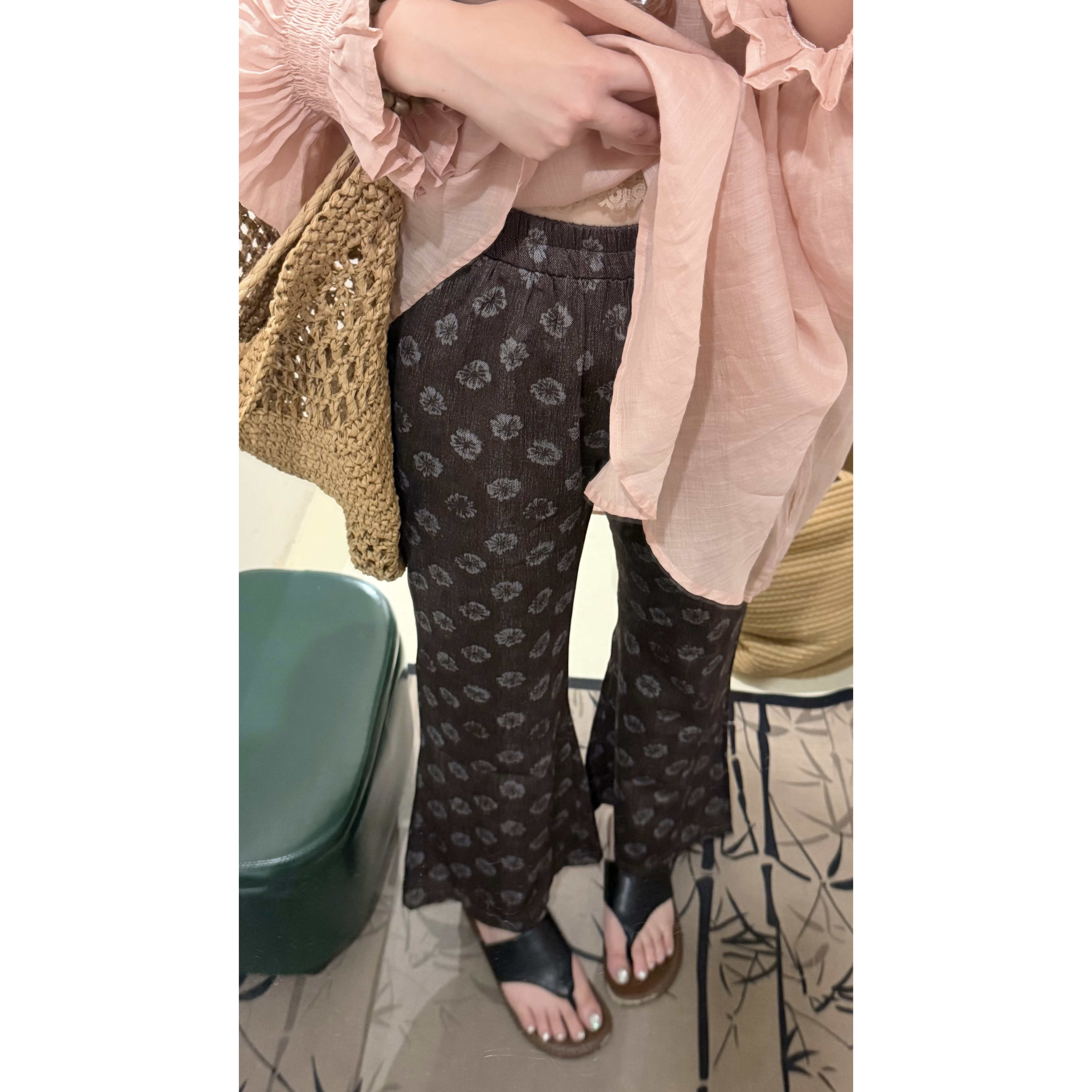 夏季亚麻高腰显瘦碎花喇叭裤