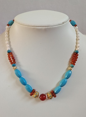 原创闲时汉服配饰仿松石淡水珍珠红玛瑙软璎珞项链唐风战国袍璎珞