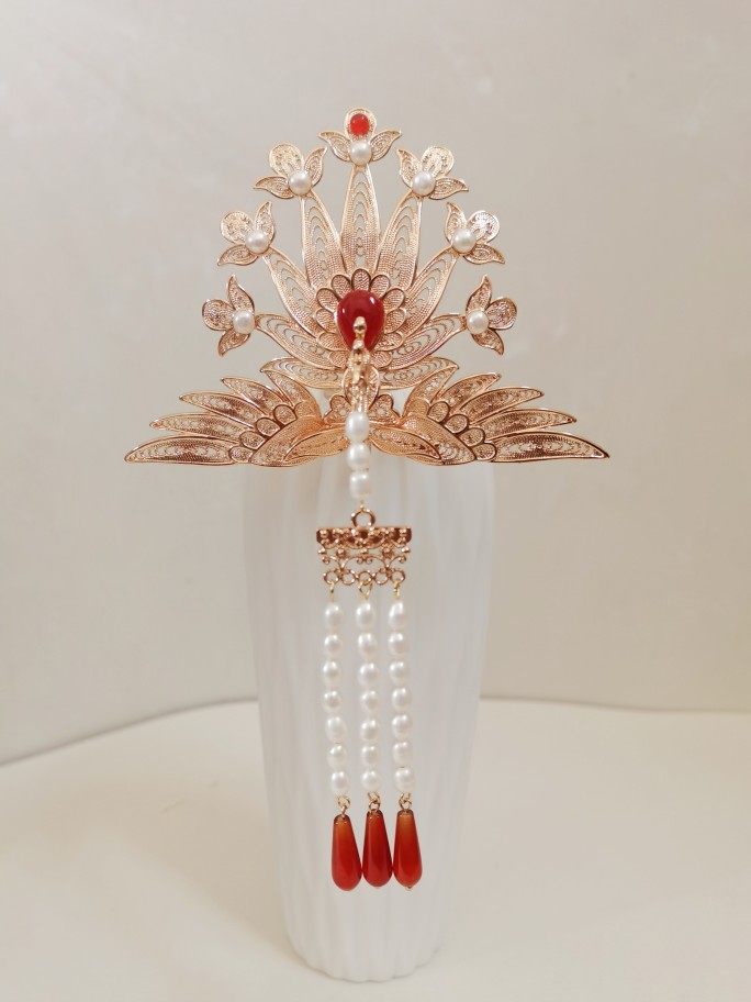 汉服发饰仿花丝累丝唐风明制凤凰顶冠流苏发冠狄髻头面分心新娘饰