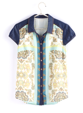 夏款 法国品牌 蕾D 牛仔接接雪纺印花上衣 衬衣开衫女 L5SC82004