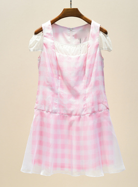 23夏 台湾品牌 裘* 甜美亮片蕾丝拼接露肩连衣裙女 53088H