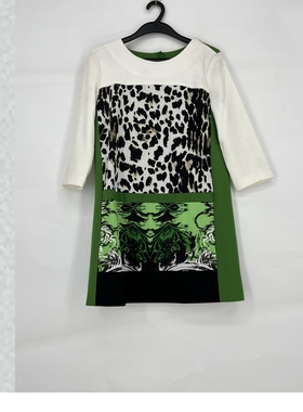 春秋 裘*诺 拼装豹纹长袖连衣裙 圆领显瘦裙 中腰 41632E