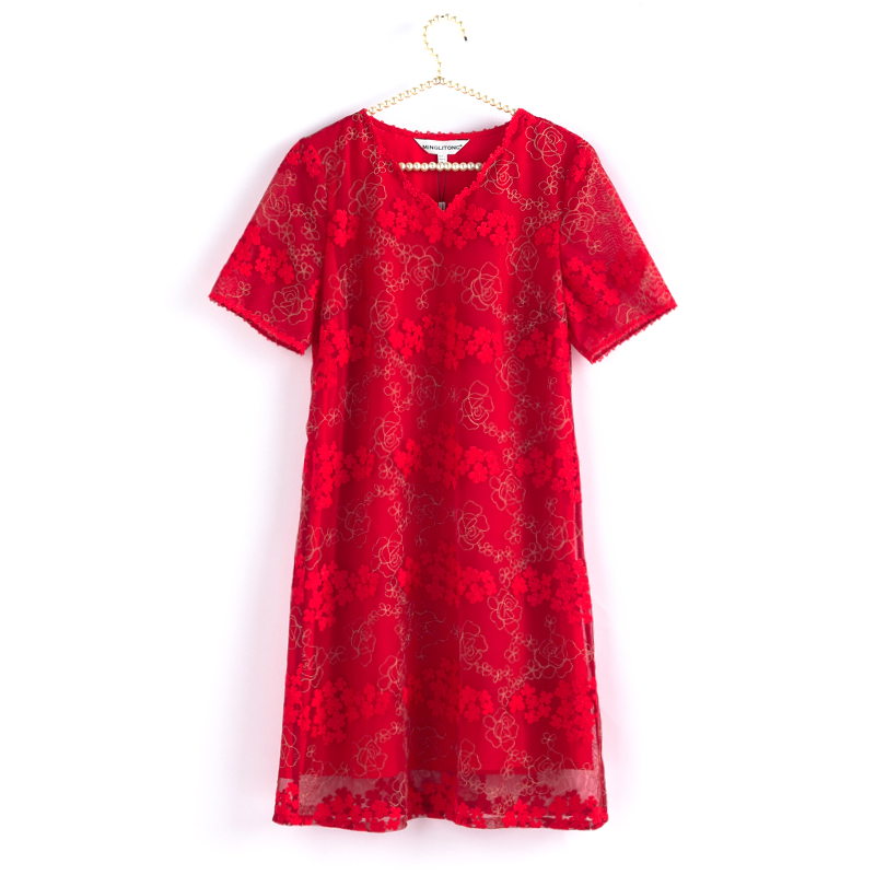 夏季 台湾品牌名*彤 喜庆红色刺绣中长款连衣裙 短袖套头N188E