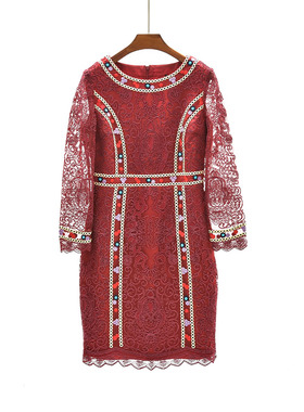 春秋款 重工刺绣连衣裙 蕾丝长袖修身打底连衣裙晚宴礼裙 ML15255