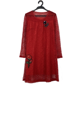 春秋款 尚J系列 镂空蕾丝喜庆红色连衣裙女 8448