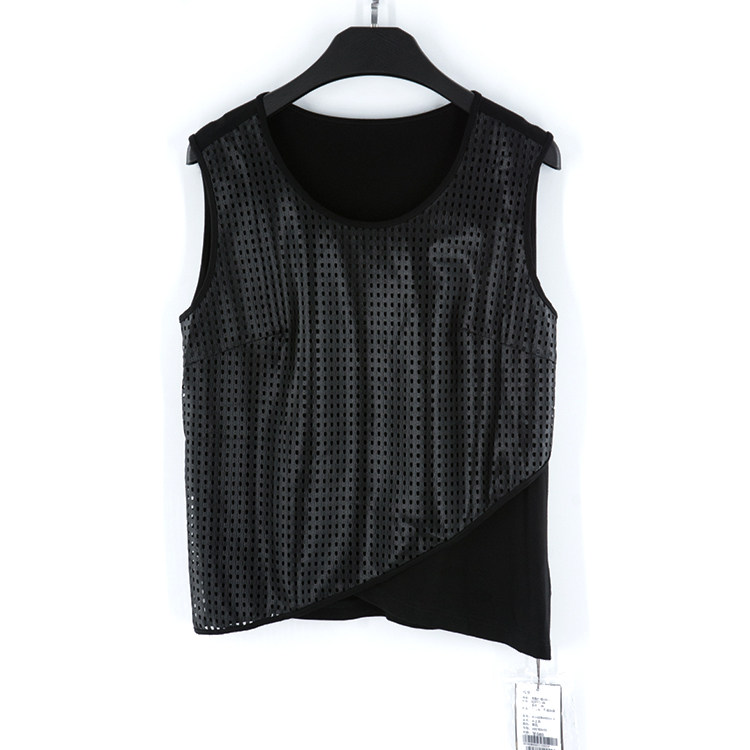 春夏款 台湾品牌姚*黑色镂空拼装背心上衣 修身内搭T恤  406011