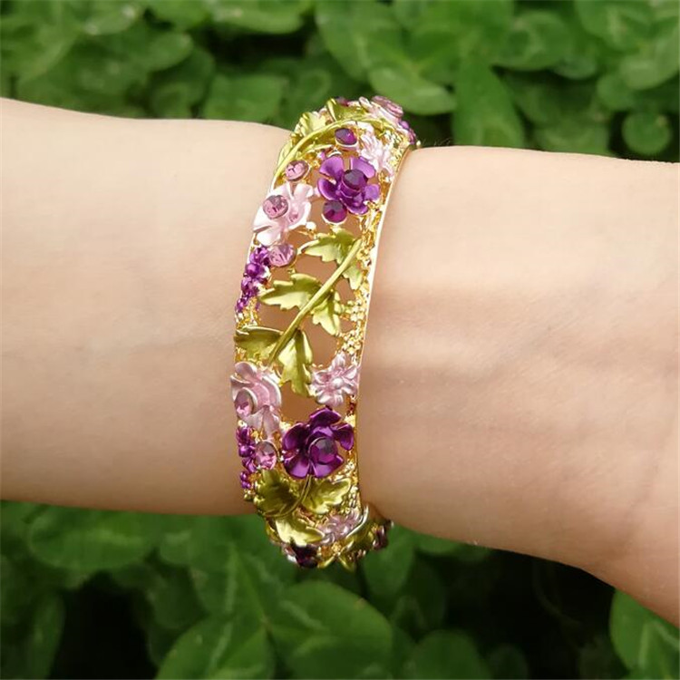 新款现货 开口景泰蓝手镯 首饰彩绘镯子镂空水钻玫瑰花型手链包邮