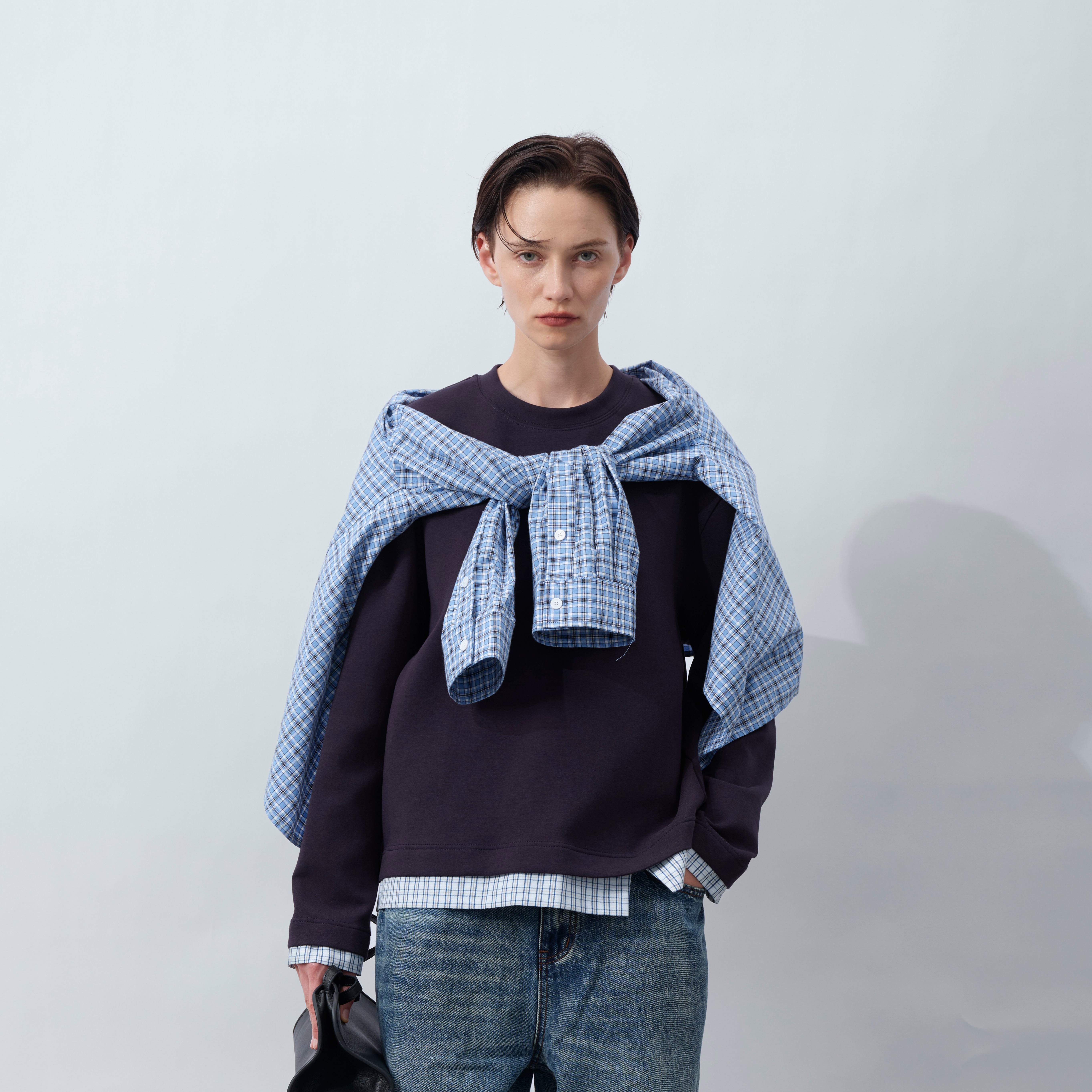 HOPECONCEPT穿出高级感撞色假两件圆领落肩长袖卫衣#25078