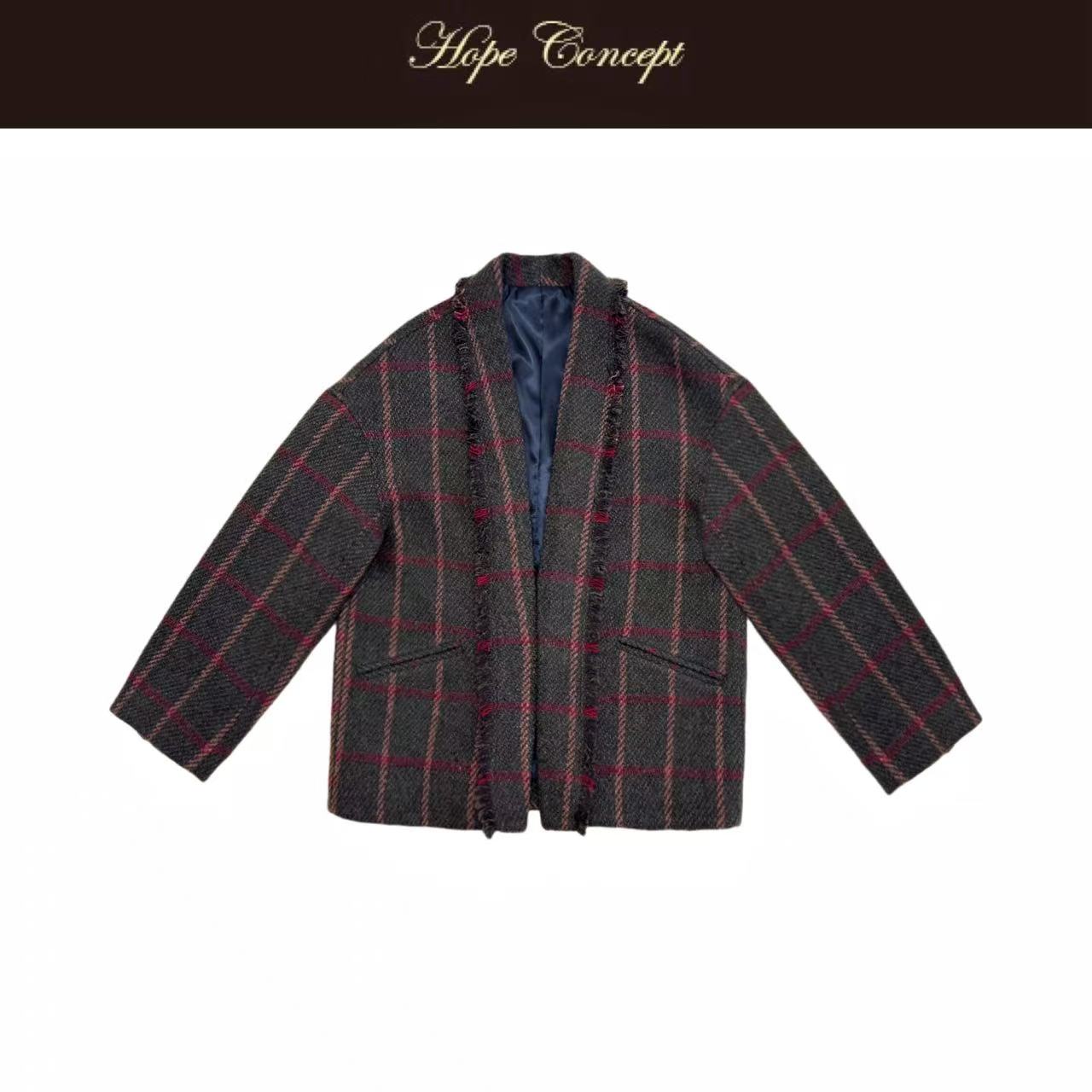 HOPECONCEPT复古羊毛混纺墨绿红格纹毛边百搭廓形毛呢大衣#25476