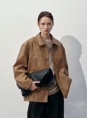 HOPE CONCEP冷峻都市 复古休闲翻领极简廓形高级感皮衣外套#25412