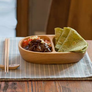 简约木质双格碗分格餐盘家用实木干果盘零食盘点心盘木制船形托盘