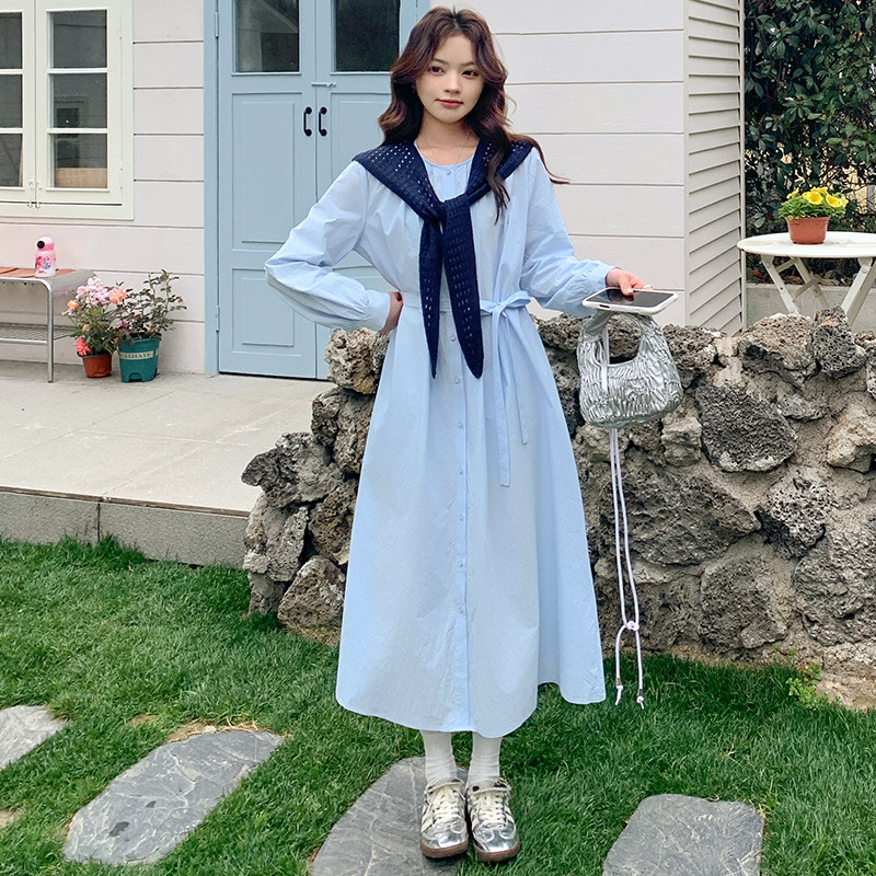 现货！2026年女春装新款淡蓝色披肩长款连衣裙278-3783-P130K210，女装连衣裙，三七家