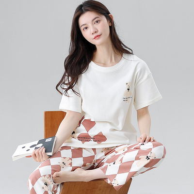 新款女士纯棉睡衣 简约休闲短袖长裤运动套装 圆领套头家居服