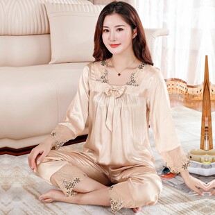 春秋季中年妈妈女士睡衣冰丝薄款长袖长裤套装冰丝家居服丝绸轻奢