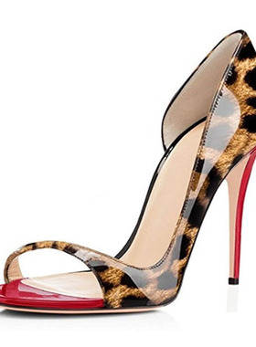 ZK欧美时尚露趾侧空凉鞋12cm超高跟细跟女鞋豹纹印花女鞋表演时装