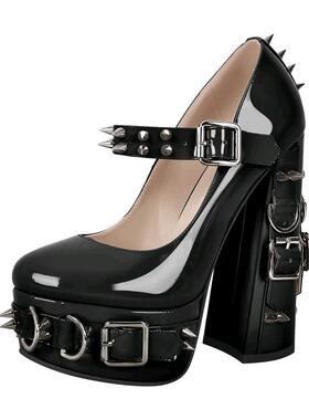 欧美时装铆钉圆头高跟水台粗跟时尚女鞋黑暗潮流大码浅口表演女鞋