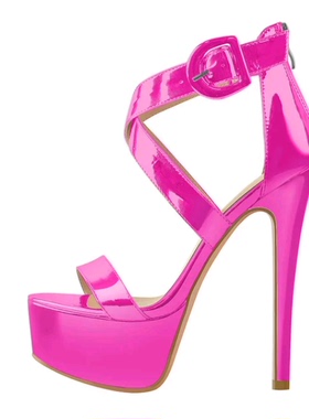 ZK外贸欧美细高跟漆皮时装女鞋防水台凉鞋一字带性感超高跟女鞋