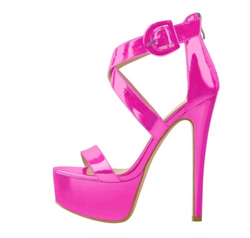 ZK外贸欧美细高跟漆皮时装女鞋防水台凉鞋一字带性感超高跟女鞋