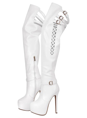外贸白色过膝镂空长靴女 细高跟防水台 舞台风性感夜店靴大码女鞋