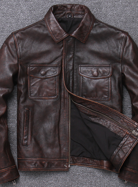 清仓捡漏真皮皮衣男短款修身头层牛皮皮衣男水洗做旧翻领秋冬外套
