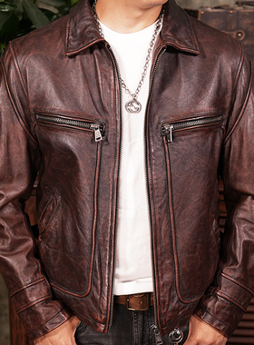 真皮皮衣男士短款复古做旧休闲头层牛皮机车皮夹克外套潮阿美咔叽