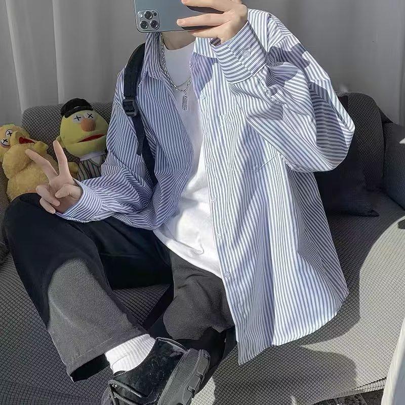 日系条纹长袖条纹衬衫男生简约潮流衬衣春秋季休闲外套情侣装韩版