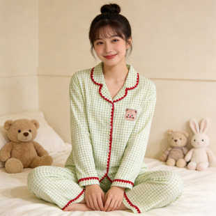 学生开衫 套装 家居服 纹小清新睡衣春秋女可爱卡通小熊长袖 ins风格